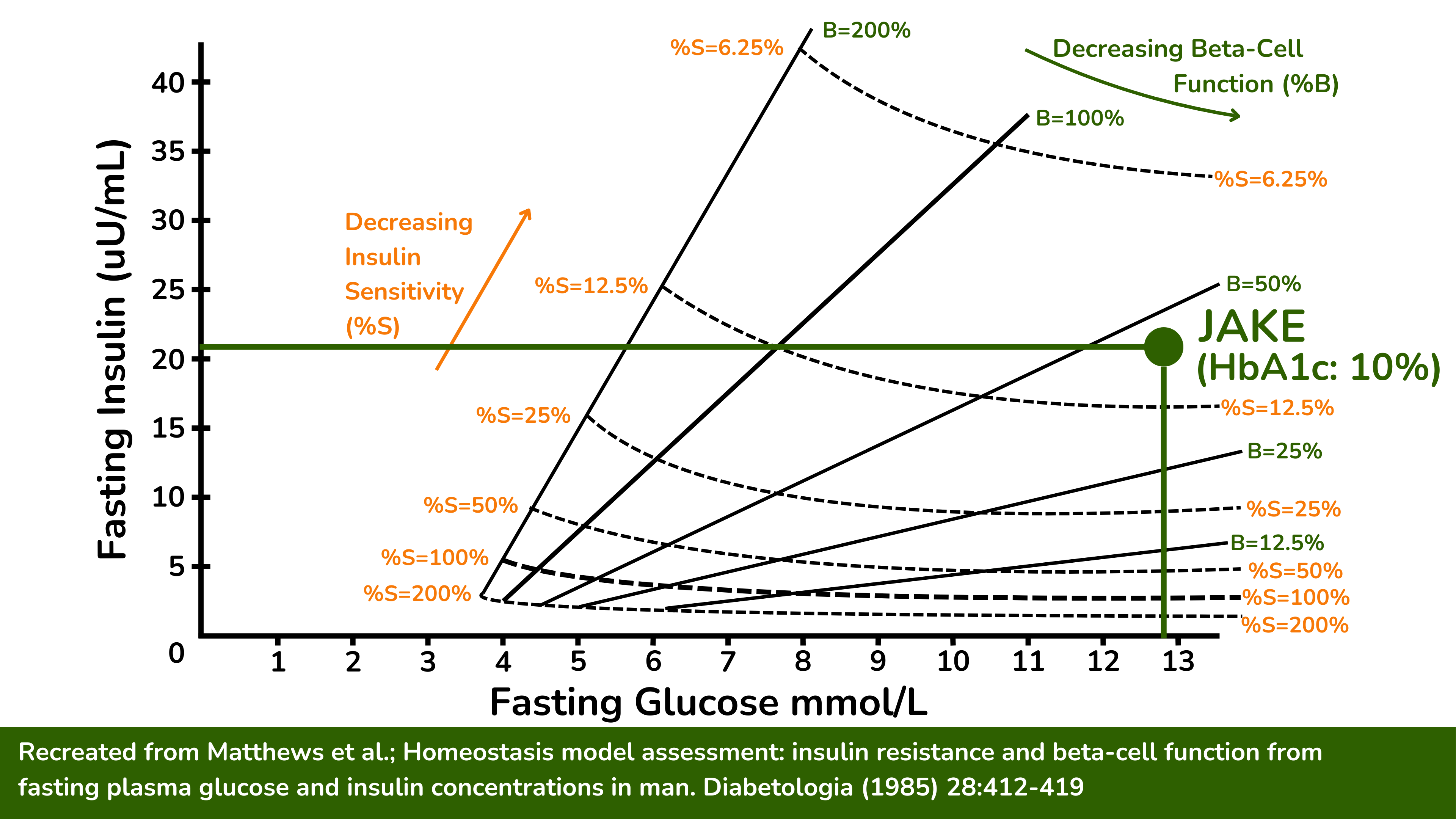 杰克的胰岛素敏感性显著降低（HOMA-%S约为正常值的10%），他的胰腺β细胞无法完全补偿。他的β细胞功能仅为正常值的42%。因此，他患有2型糖尿病。