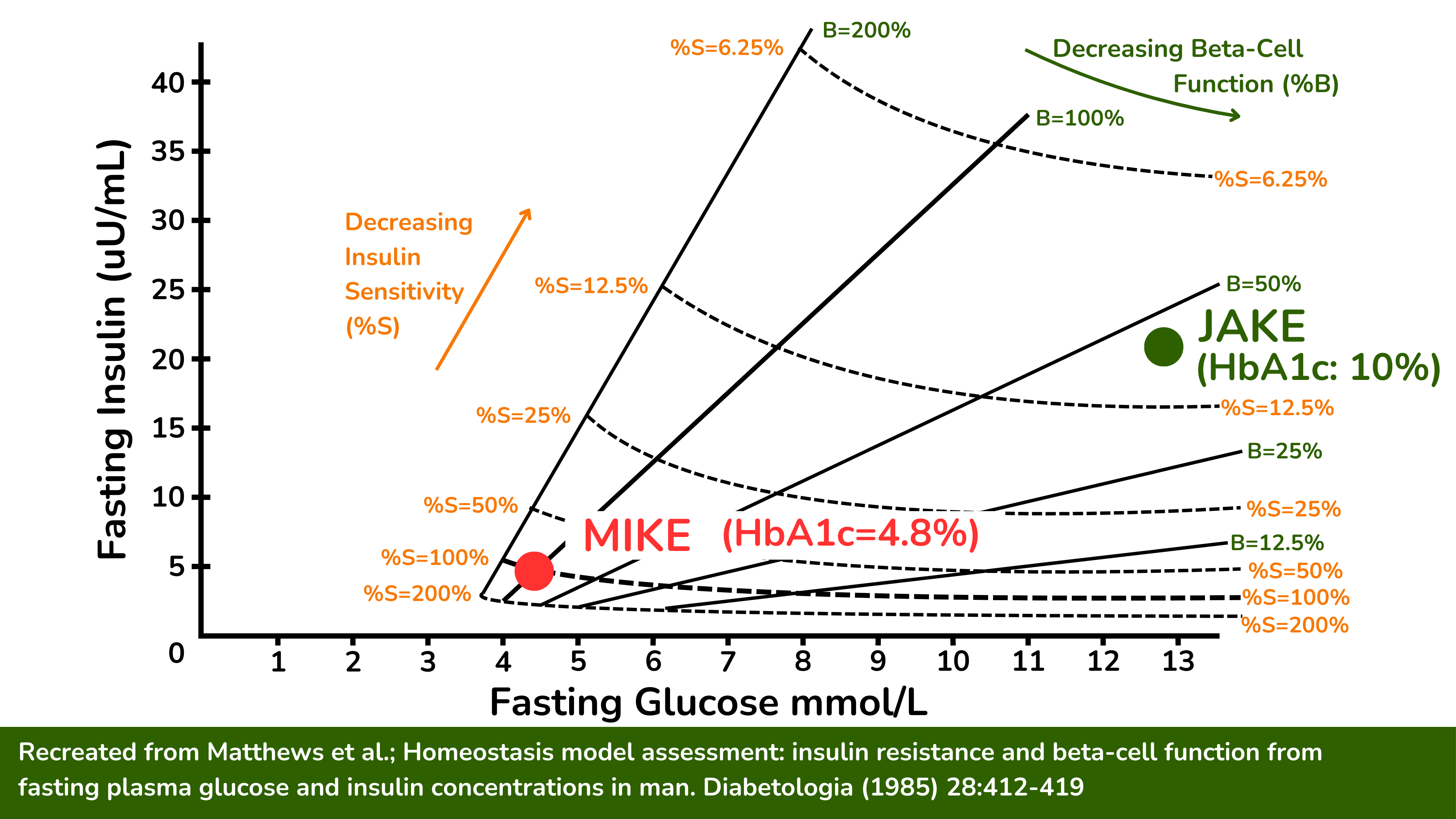 尽管迈克的HOMA-%B为100%，而杰克的HOMA-%B仅为约42%，但杰克餐后的胰岛素水平可能要高得多。需要注意的是，HOMA-%B需要根据患者当前的胰岛素敏感性水平进行解读。