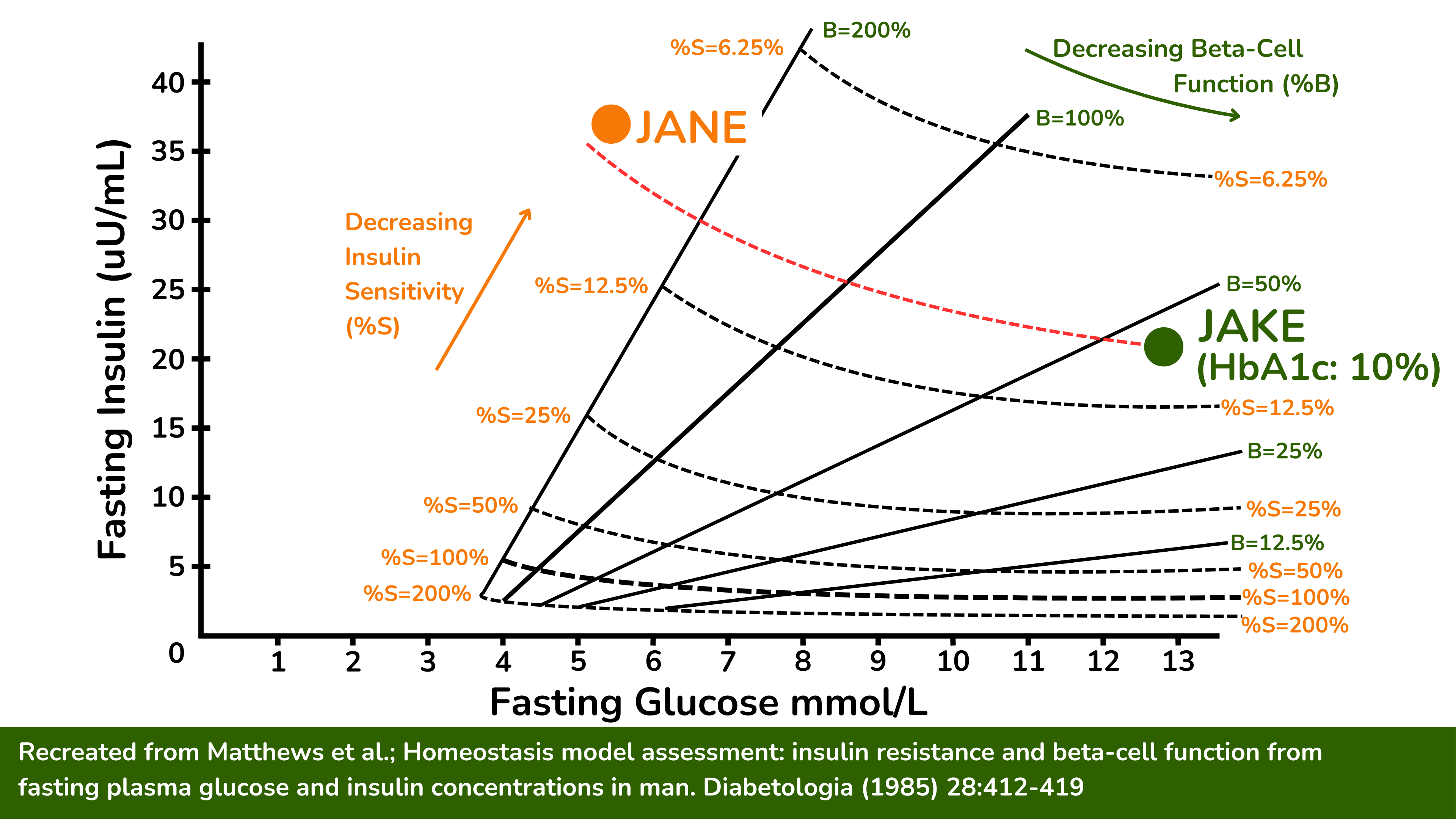Jane 的胰岛素敏感性与 Jake 相似。但她的 β 细胞非常健康，可以基本弥补这种显著的胰岛素抵抗。然而，也正因如此，她每次进食高碳水化合物餐后，血液中的胰岛素水平都会大幅升高。