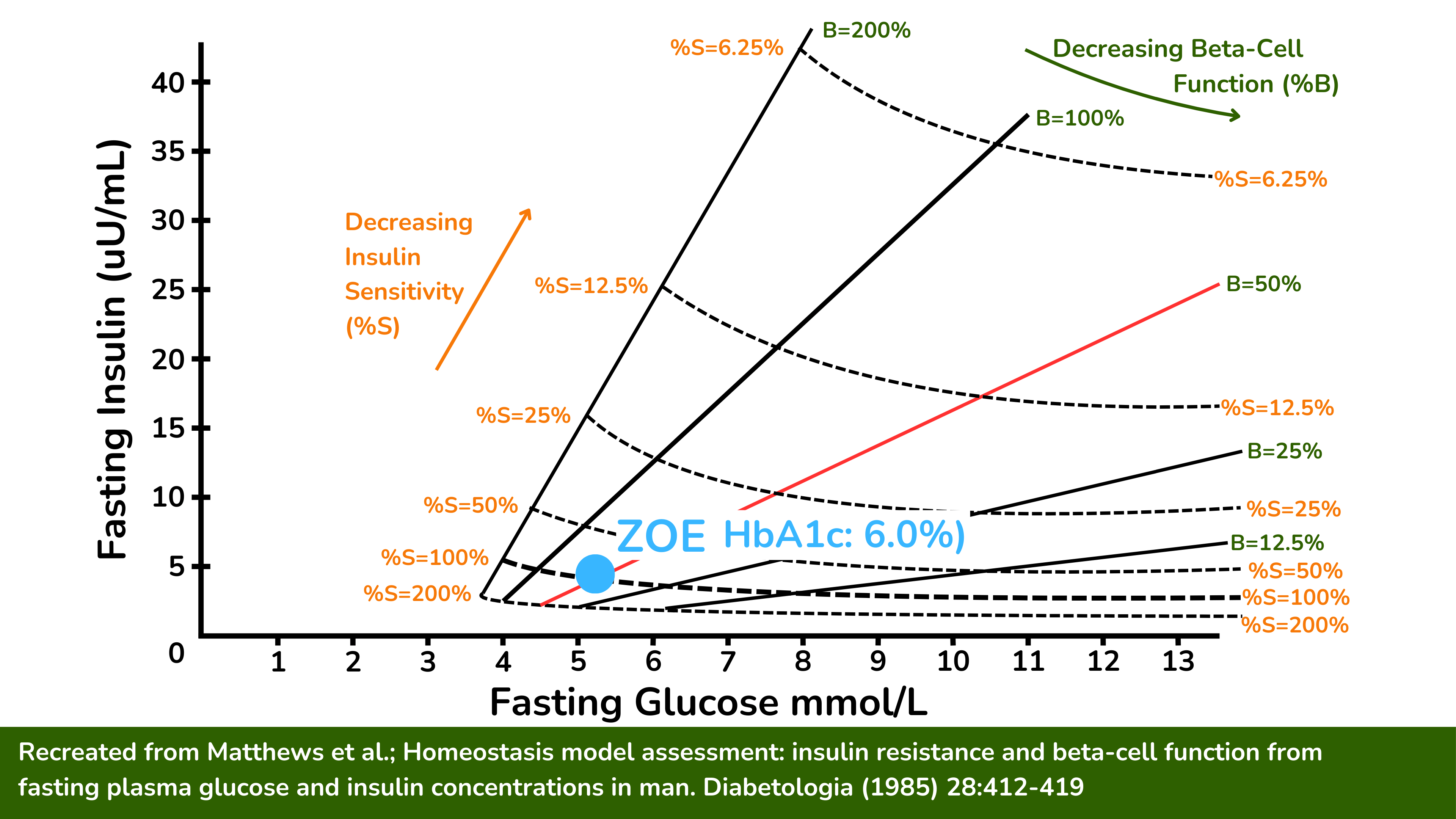 佐伊对胰岛素的敏感度接近 100%，但她的 β 细胞无法产生足够的胰岛素，并且她有中度葡萄糖不耐受（糖尿病前期）。