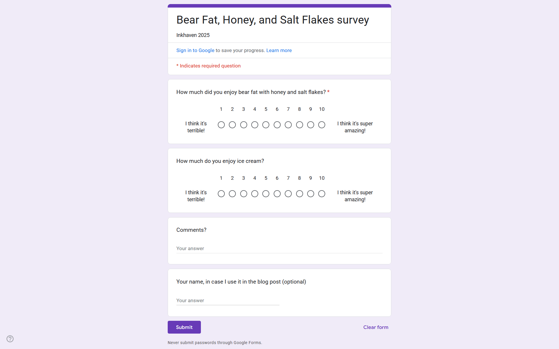 一份谷歌表单调查问卷，询问“你有多喜欢蜂蜜盐片熊油”、“你有多喜欢冰淇淋”、“评论”以及“你的姓名（以防我在博客文章中使用）”。