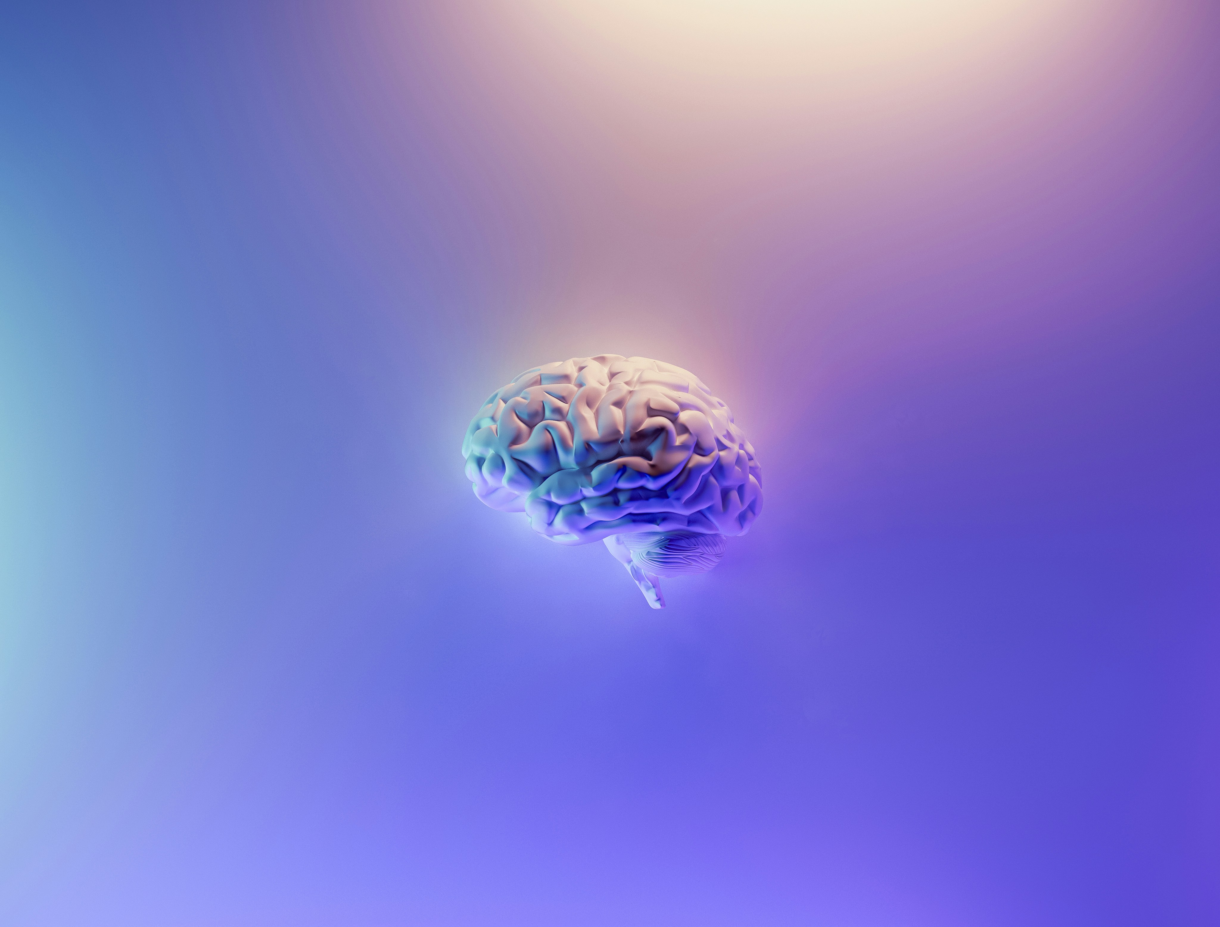 A concept illustration of a brain in blue and purple light with a bright white light shining on it from above.