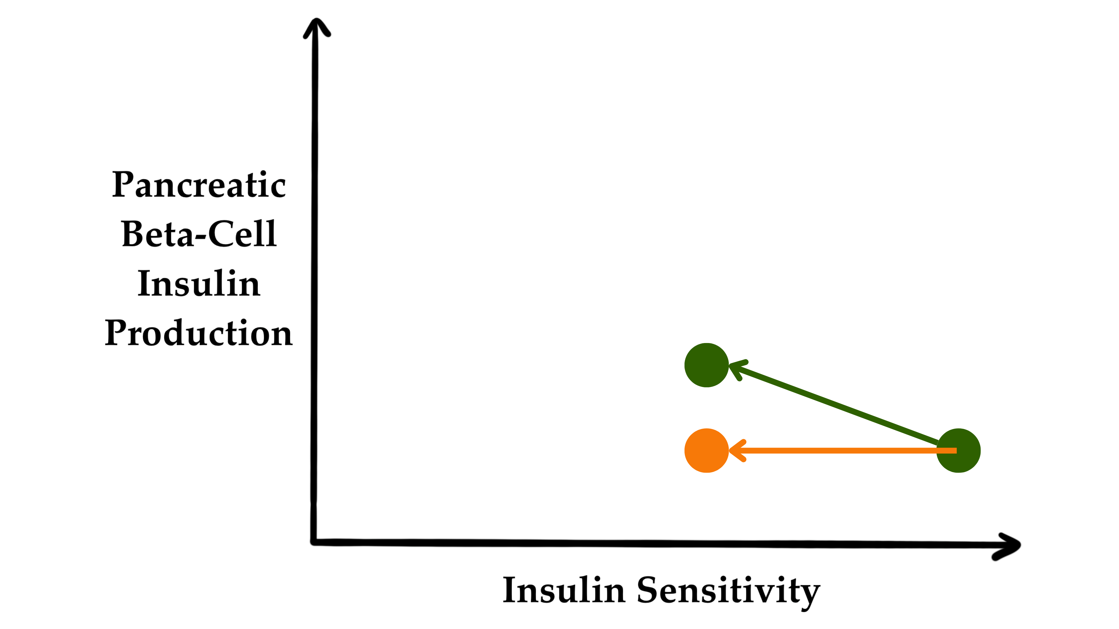 当胰岛素敏感性下降时,问题在于胰腺β细胞是否能够增加胰岛素分泌来弥补这一缺陷。如果能够(绿点),葡萄糖耐受性将保持正常。如果不能(橙点),就会出现葡萄糖不耐受。 当胰岛素敏感性下降时,问题在于胰腺β细胞是否能够增加胰岛素分泌来弥补这一缺陷。如果能够(绿点),葡萄糖耐受性将保持正常。如果不能(橙点),就会出现葡萄糖不耐受。